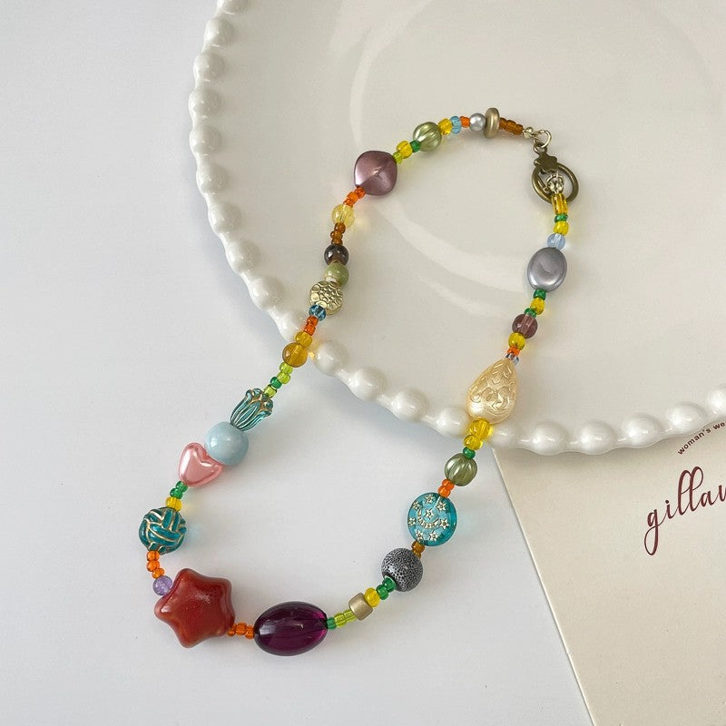Wholesale Star necklace colorful ethnic style dopamine glass beads Chinese retro clavicle chain